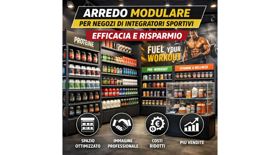 COME ARREDARE UN NEGOZIO DI INTEGRATORI PER LO SPORT CON I SISTEMI MODULARI