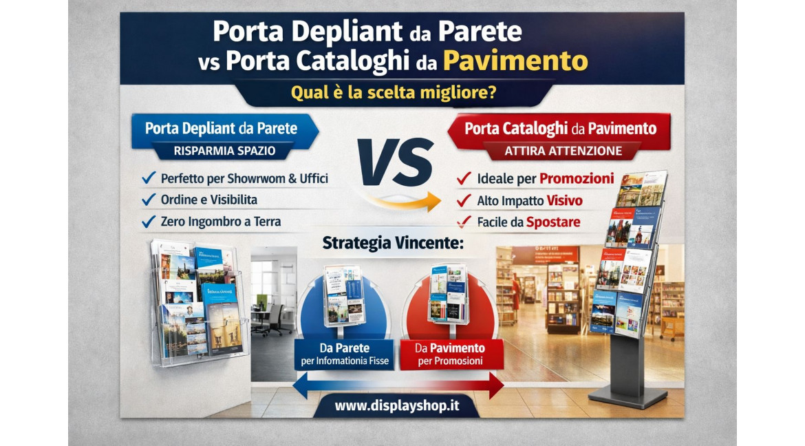 PORTA DEPLIANT E PORTA CATALOGHI: MEGLIO DA PARETE O DA PAVIMENTO?