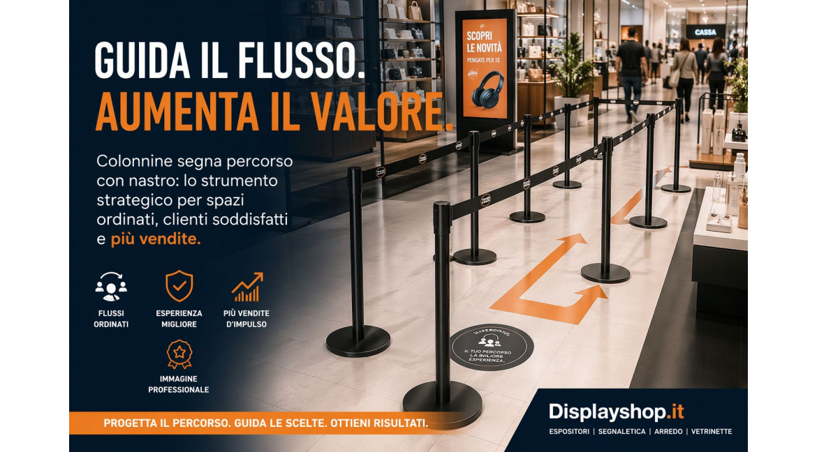 COME CREARE UN PERCORSO IDEALE PER IL PUBBLICO CON LE COLONNINE SEGNAPERCORSO CON NASTRO