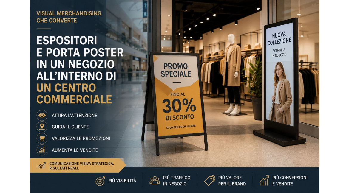 COME UTILIZZARE ESPOSITORI E PORTA POSTER IN UN NEGOZIO DI UN CENTRO COMMERCIALE 