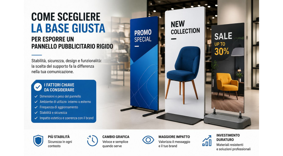 COME SCEGLIERE LA BASE GIUSTA PER ESPORRE UN PANNELLO PUBBLICITARIO RIGIDO 