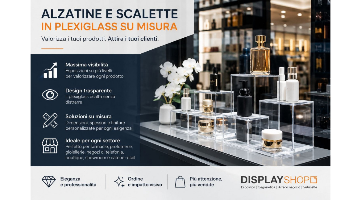 PERCHE' LE ALZATINE E LE SCALETTE IN PLEXIGLASS SU MISURA SONO IDEALI PER ALLESTIRE LA VETRINA DEL PUNTO VENDITA