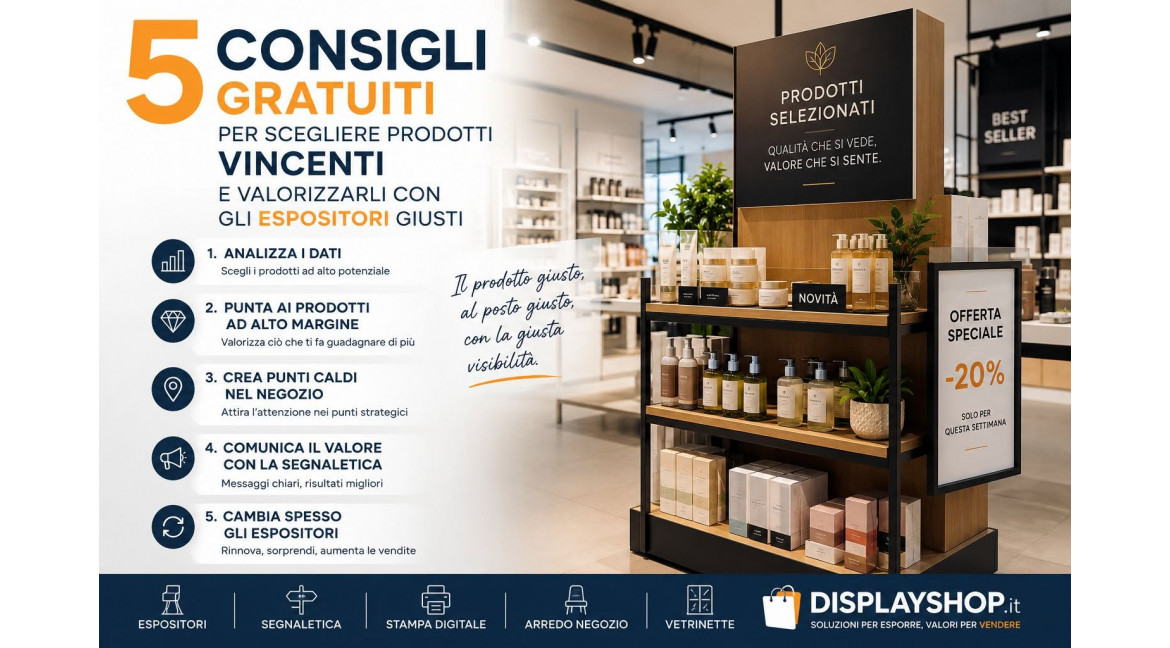 5 CONSIGLI GRATUITI PER SCEGLIERE PRODOTTI VINCENTI DA VENDERE NEL TUO NEGOZIO (E VALORIZZARLI CON GLI ESPOSITORI GIUSTI)