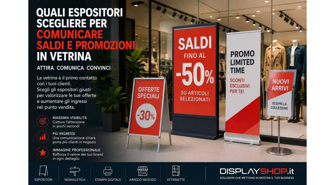 QUALI ESPOSITORI SCEGLIERE PER COMUNICARE SALDI E PROMOZIONI IN VETRINA 