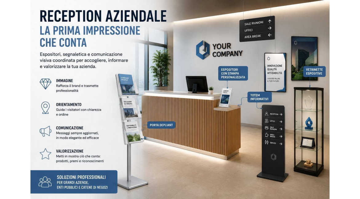 QUALI ESPOSITORI SCEGLIERE NELL'ALLESTIMENTO DELLA RECEPTION DI UNA GRANDE AZIENDA: GUIDA COMPLETA