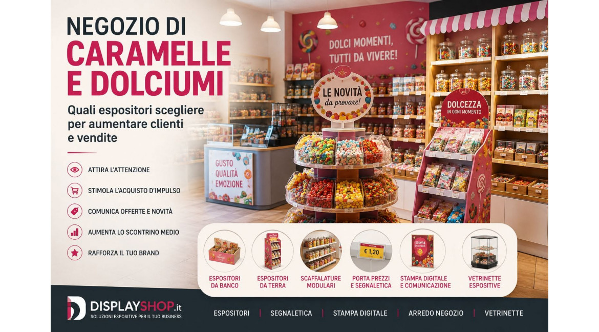 NEGOZIO DI DOLCIUMI E CARAMELLE: QUALI ESPOSITORI SCEGLIERE PER AUMENTARE CLIENTI E VENDITE