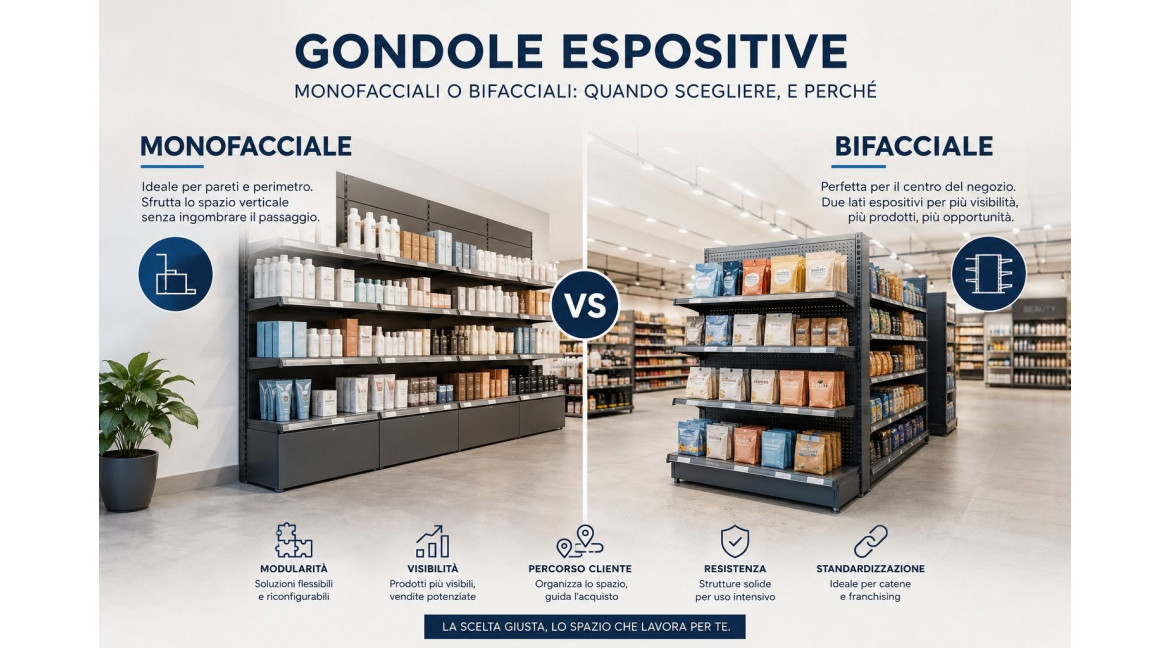 GONDOLE ESPOSITIVE MONOFACCIALI O BIFACCIALI: QUANDO SCEGLIERE E PERCHE'