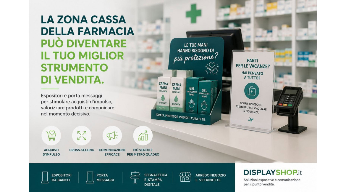 COME AUMENTARE LE VENDITE EMOTIVE IN FARMACIA CON ESPOSITORI E PORTA MESSAGGI IN AREA CASSA