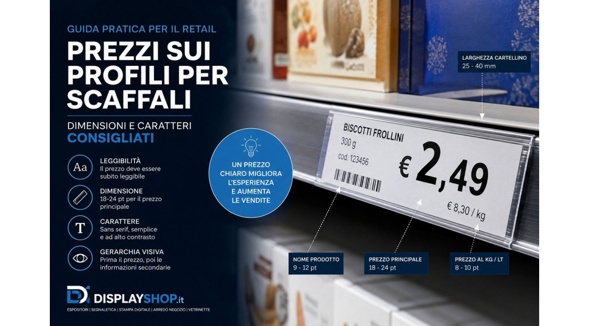 COME ESPORRE I PREZZI SUI PROFILI PER SCAFFALI: DIMENSIONI E CARATTERI CONSIGLIATI